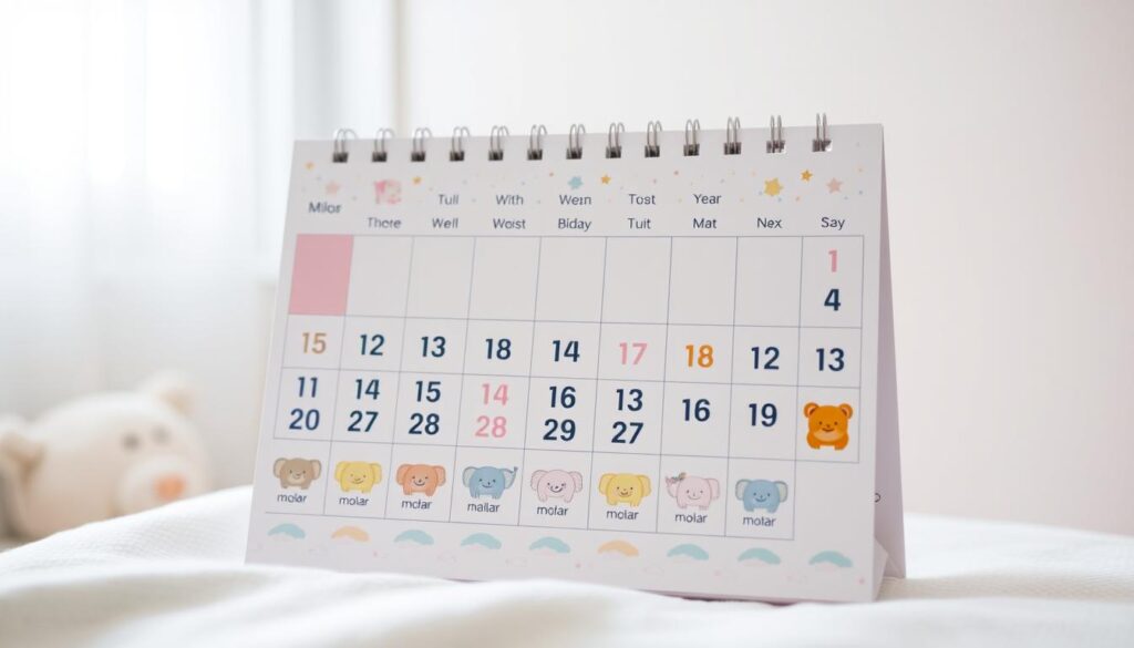 A whimsical calendar designed for teething, featuring a beautifully illustrated monthly layout showing the progression of baby teeth emergence. In the foreground, a colorful chart with adorable baby animals, each representing a specific tooth coming in, such as a smiling elephant for the first molar. The middle ground showcases soft pastel colors with playful patterns of stars and clouds, creating a warm, inviting atmosphere. In the background, a gentle light streaming in from a window, suggesting a calm, cozy nursery setting. The focus is on the calendar, capturing the essence of parental care and warmth, emphasizing a joyful experience for families navigating this milestone.