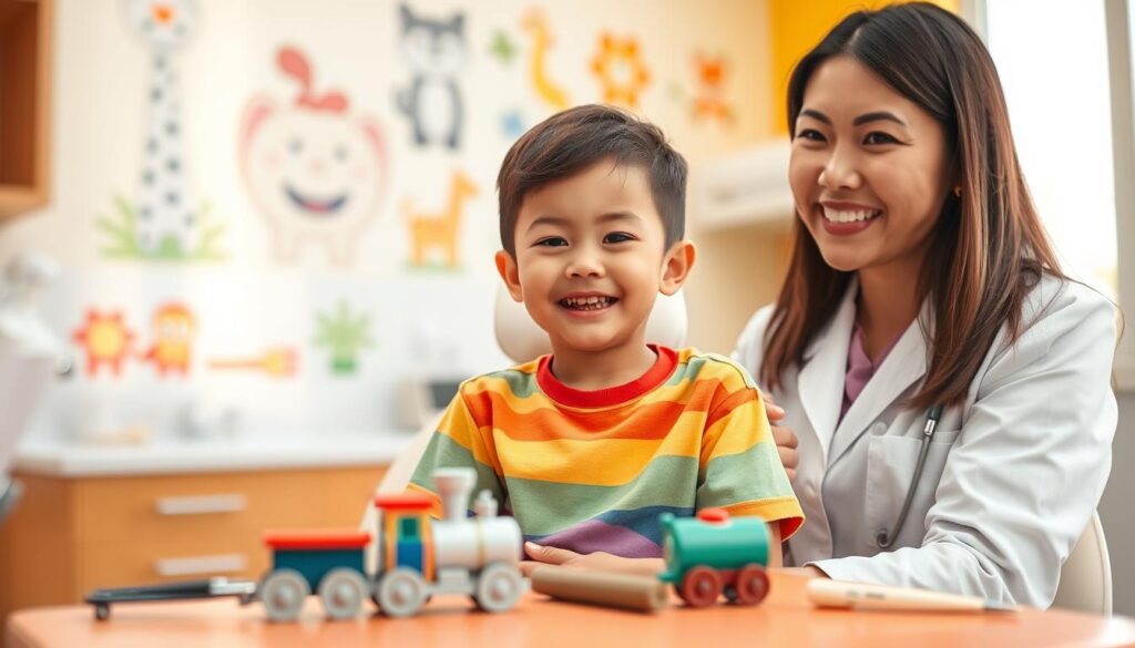 A young child nervously sitting in a bright, cheerful dental clinic for their first dental appointment. The child, a Caucasian boy around 5 years old, is wearing a colorful T-shirt, fidgeting slightly on the examination chair, with a friendly dentist, a middle-aged Asian woman in a white coat, smiling reassuringly beside him. In the foreground, dental tools and a small toy train are visible on the table, adding a comforting touch. The middle background features colorful wall art depicting cartoon animals with healthy smiles, while the background shows a bright window letting in sunlight, creating a welcoming atmosphere. Soft, warm lighting adds to the mood of positivity and encouragement, emphasizing the importance of the child's first visit to the dentist.