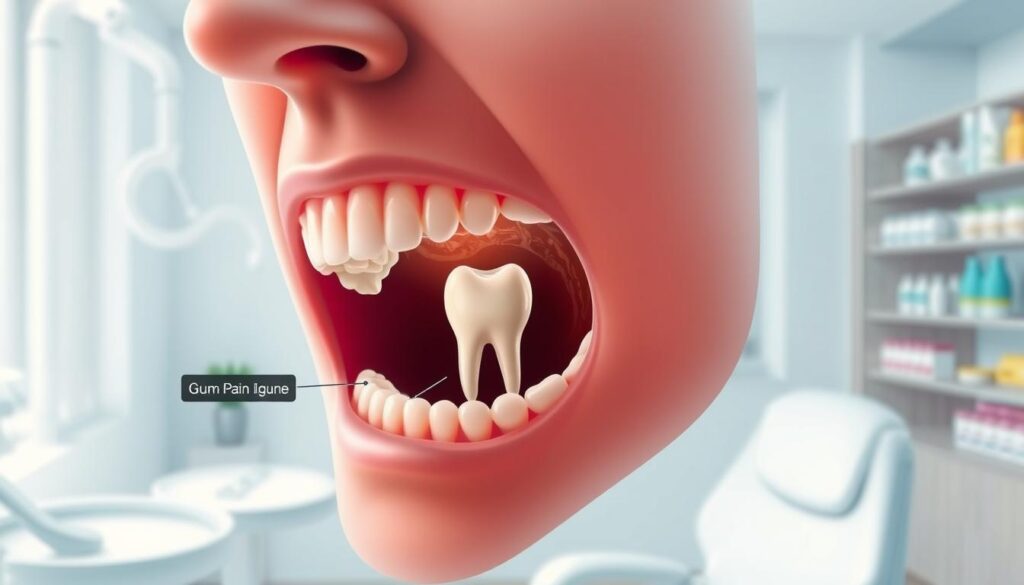 An anatomical illustration focusing on the causes of gum pain above a tooth. In the foreground, depict a close-up of a human mouth showing inflamed gums around a specific tooth. Use clear graphical indications to represent issues like plaque buildup, gum disease, and tooth abscess with labels. In the middle ground, include a dentist's tools, symbolizing examination and treatment, subtly lit in clinical white. The background should be a softly lit dental office environment with shelves of dental care products. The overall atmosphere is professional and educational, emphasizing clarity and understanding of dental health. Use a neutral color palette with soft blues and whites, ensuring a calm and informative mood.