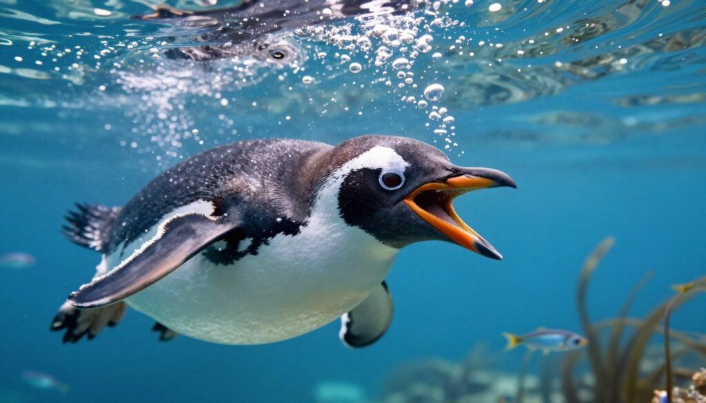 A captivating close-up of a penguin diving underwater, surrounded by a swirl of small fish. The penguin's beak is open, showcasing its unique adaptations for catching and swallowing without chewing. Bright, translucent water bubbles rise around it, reflecting sunlight filtering through the ocean surface. In the background, a soft blur of underwater plants adds depth, enhancing the marine atmosphere. The lighting is vibrant and clear, highlighting the textures of the penguin's feathers and the shimmering scales of the fish. The scene conveys a sense of motion and the grace of underwater life, with a serene blue color palette that evokes the peacefulness of the ocean depths. A captivating close-up of a penguin diving underwater, surrounded by a swirl of small fish. The penguin's beak is open, showcasing its unique adaptations for catching and swallowing without chewing. Bright, translucent water bubbles rise around it, reflecting sunlight filtering through the ocean surface. In the background, a soft blur of underwater plants adds depth, enhancing the marine atmosphere. The lighting is vibrant and clear, highlighting the textures of the penguin's feathers and the shimmering scales of the fish. The scene conveys a sense of motion and the grace of underwater life, with a serene blue color palette that evokes the peacefulness of the ocean depths.