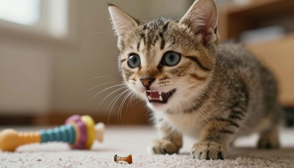 A close-up of a playful young kitten, showcasing its small, shifting teeth as it goes through the process of losing baby teeth. The kitten’s fur is soft and fluffy, with hints of tabby stripes. In the foreground, a tiny, fallen milk tooth is visible, contrasting with the kitten’s bright eyes full of curiosity. In the middle ground, a few dental toys are scattered, illustrating the theme of dental health. The background depicts a cozy indoor setting with warm lighting, evoking a nurturing and safe environment. The angle of the shot is slightly above the kitten, capturing its playful stance and innocent demeanor, while creating a sense of intimacy. The overall mood is heartwarming and educational, emphasizing the natural transition in a kitten's dental development.