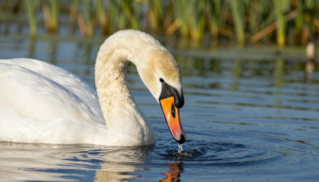 A close-up of a swan's beak showcasing its unique horn-like structures resembling teeth, known as "blaszki rogowe." The swan is gracefully gliding across a calm, blue lake, surrounded by gentle ripples that reflect soft sunlight. Focus on the intricate details of the swan's glossy feathers, especially highlighting the contrast between the white plumage and the dark, textured beak. In the background, lush green reeds and subtle hints of water lilies create a serene, natural environment. The lighting is warm and inviting, capturing a tranquil mood. The angle is slightly below the swan, emphasizing its majestic posture and the functionality of its beak as it forages for food below the surface, illustrating the concept of how these structures aid in feeding. A close-up of a swan's beak showcasing its unique horn-like structures resembling teeth, known as "blaszki rogowe." The swan is gracefully gliding across a calm, blue lake, surrounded by gentle ripples that reflect soft sunlight. Focus on the intricate details of the swan's glossy feathers, especially highlighting the contrast between the white plumage and the dark, textured beak. In the background, lush green reeds and subtle hints of water lilies create a serene, natural environment. The lighting is warm and inviting, capturing a tranquil mood. The angle is slightly below the swan, emphasizing its majestic posture and the functionality of its beak as it forages for food below the surface, illustrating the concept of how these structures aid in feeding.