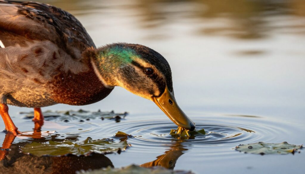 A close-up shot of a duck foraging for food in a tranquil pond setting, showcasing its unique beak structure. The duck's head, prominently tilted down, is partially submerged in the water, surrounded by floating leaves and small water plants. The foreground features droplets of water clinging to the duck's feathers, while the soft ripples created by its movements reflect the golden hues of the sunset in the background. The lighting is warm and inviting, emphasizing the duck’s vibrant colors. The scene captures the essence of how ducks grind their food using their beaks instead of teeth, conveying a serene and natural atmosphere in a vivid, detailed manner.