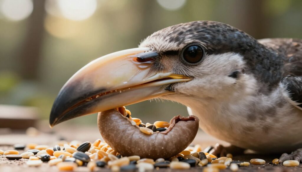 A close-up view of a bird's beak, illustrating its unique structure for grinding food without teeth. The foreground features the beak prominently, with intricate details showcasing the texture and shape. In the middle, a partially visible gizzard and crop highlight the internal anatomy essential for food processing, surrounded by grains and seeds to depict the diet. The background softly blurred captures an outdoor setting with soft sunlight filtering through trees, creating a natural atmosphere. The composition should evoke a sense of curiosity and wonder about avian biology. The lighting is warm and inviting, enhancing the textures of the beak and surrounding elements. The image should maintain a professional and educational tone, without any text or overlays.