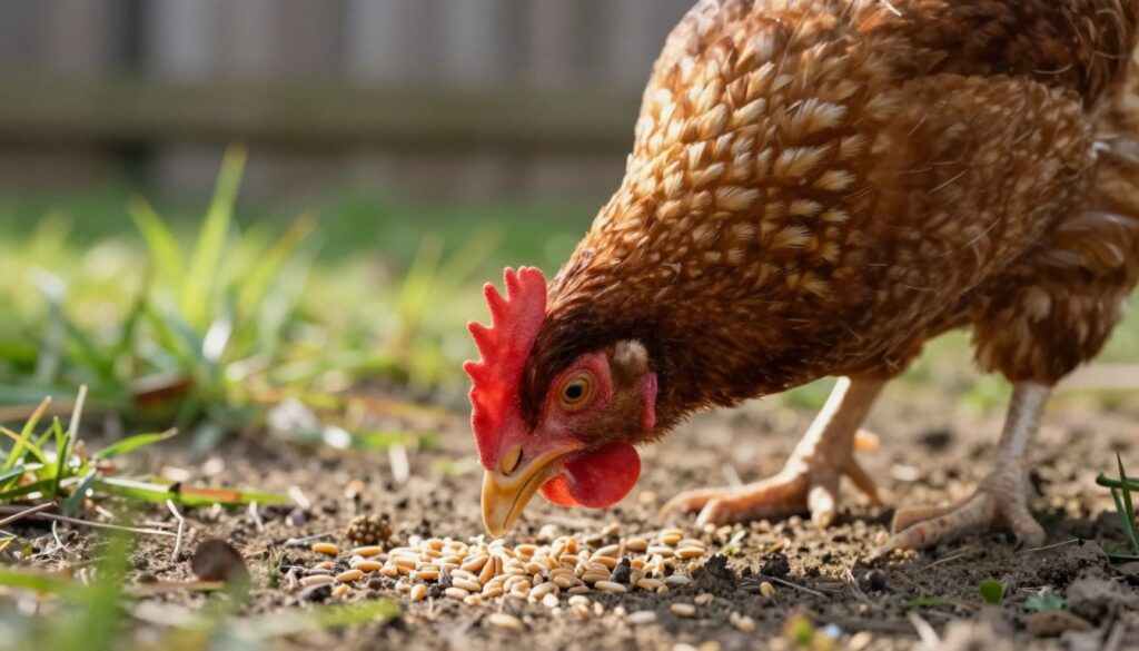 A close-up view of a chicken's beak, capturing its unique structure and texture, set against a natural farm backdrop. The chicken is pecking at scattered grains on the ground, demonstrating its feeding behavior. Soft, warm sunlight filters through the leaves, casting gentle shadows on the ground. The chicken's feathers are a rich brown with hints of iridescent colors, showcasing details like the distinctive shape of the beak and the lack of teeth. The background features blurred green grass and wooden fencing, providing context without distracting from the subject. The mood is serene and informative, highlighting the interaction between the bird and its food in a captivating manner, with a shallow depth of field for emphasis.