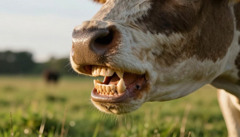 A close-up view of a cow’s mouth, showcasing its dental structure in detail. The foreground features the open mouth of a healthy dairy cow, highlighting its teeth arrangement; both molars and incisors are visible, emphasizing their unique characteristics and count. In the middle ground, the cow’s dark muzzle contrasts against the lighter tones of its fur, while the soft texture of its skin adds realism. The background is a blurred pasture scene with soft green grasses and distant trees, creating a natural setting. The lighting is warm and soft, mimicking late afternoon sun, casting gentle shadows to enhance the textures. The overall mood is informative and serene, inviting the viewer to explore the unique anatomy of bovine teeth. A close-up view of a cow’s mouth, showcasing its dental structure in detail. The foreground features the open mouth of a healthy dairy cow, highlighting its teeth arrangement; both molars and incisors are visible, emphasizing their unique characteristics and count. In the middle ground, the cow’s dark muzzle contrasts against the lighter tones of its fur, while the soft texture of its skin adds realism. The background is a blurred pasture scene with soft green grasses and distant trees, creating a natural setting. The lighting is warm and soft, mimicking late afternoon sun, casting gentle shadows to enhance the textures. The overall mood is informative and serene, inviting the viewer to explore the unique anatomy of bovine teeth.
