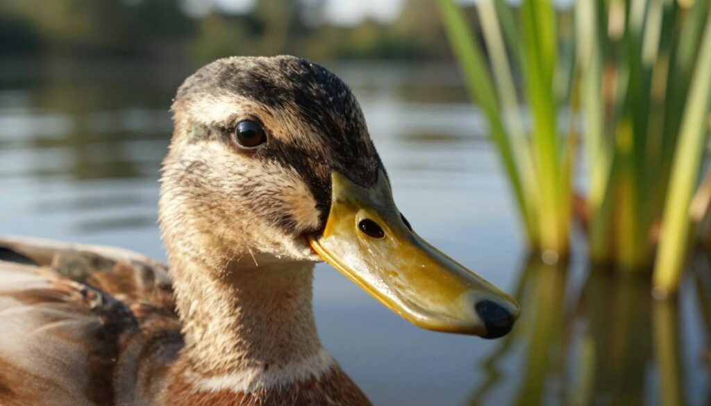 A close-up view of a duck's beak, showcasing its unique structure and textures. The foreground features the beak in sharp focus, highlighting its flat and elongated shape with intricate details of the surface, such as small grooves and a shiny coating. In the middle, a soft blur reveals the duck's head and eyes, providing a soft, natural context without distraction. The background consists of a serene pond environment, with gentle ripples and lush green reeds, accentuating the waterfowl habitat. The lighting is warm and natural, simulating early morning sunlight illuminating the beak. The mood is calm and informative, ideal for an educational exploration of duck anatomy. The angle is slightly tilted to create a dynamic perspective.