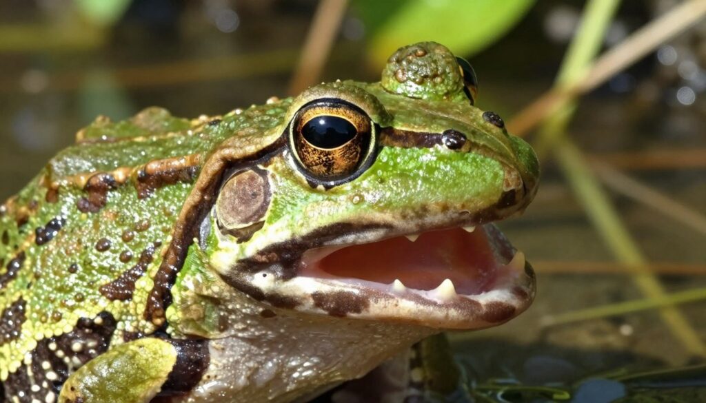 A close-up view of a frog's mouth, showcasing its unique dental structure. The foreground features the inside of the frog’s jaw, highlighting small, sharp teeth protruding from the upper jaw, glistening subtly in the light. The texture of the frog's skin, showing vibrant greens and browns, adds depth to the image. The background softly fades into a blurred natural habitat scene, hinting at lush foliage and water reflections, creating an immersive atmosphere. Natural sunlight streams in, casting gentle shadows that emphasize the contours of the frog’s mouth. The image invites curiosity, evoking a sense of wonder about the diversity among frog species and their adaptations.