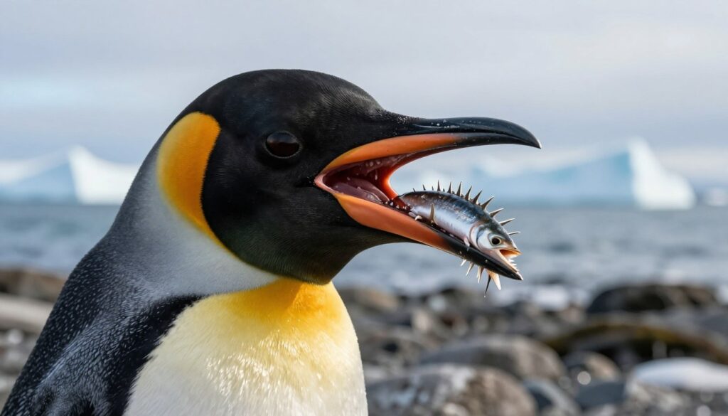 A close-up view of a penguin's mouth, vividly showcasing the unique spiky structures on its tongue, resembling teeth. The penguin is portrayed in a natural habitat, standing on a rocky shoreline with the ocean and icebergs in the background. The focus is on the inside of the penguin's mouth, with clear details of the spikes designed to grip slippery fish. The lighting is soft, with warm highlights reflecting off the penguin’s glossy feathers, accentuating the textures. The composition is shot from a slightly low angle, creating a sense of intimacy with the subject, while the background remains softly blurred to emphasize the penguin. The overall mood is scientific and informative, inviting the viewer to learn more about these fascinating adaptations in penguins. A close-up view of a penguin's mouth, vividly showcasing the unique spiky structures on its tongue, resembling teeth. The penguin is portrayed in a natural habitat, standing on a rocky shoreline with the ocean and icebergs in the background. The focus is on the inside of the penguin's mouth, with clear details of the spikes designed to grip slippery fish. The lighting is soft, with warm highlights reflecting off the penguin’s glossy feathers, accentuating the textures. The composition is shot from a slightly low angle, creating a sense of intimacy with the subject, while the background remains softly blurred to emphasize the penguin. The overall mood is scientific and informative, inviting the viewer to learn more about these fascinating adaptations in penguins.