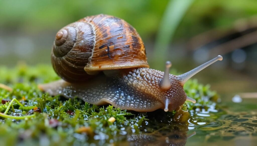 A close-up view of a snail's radula in action, showcasing the intricate structure used for scraping food from a surface. The foreground captures the radula extending out, with minute details highlighting its teeth-like structures in sharp focus. The middle ground shows a textured surface, likely a leaf or algae, from which the snail is scraping food. The background is softly blurred, depicting a natural habitat with lush greenery and gentle water reflections, creating a serene atmosphere. The lighting is soft and diffused, simulating a calm afternoon, enhancing the vivid colors of the snail and its surroundings. Overall, the mood is tranquil, emphasizing the beauty of nature and the fascinating mechanism of the radula.