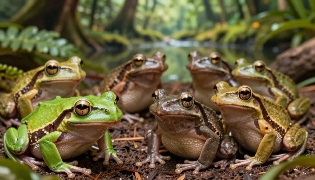 A close-up view of a variety of frog species showcasing their unique teeth structures, focusing on both the species with visible teeth and those without. In the foreground, include a vibrant green tree frog with prominent teeth, and beside it, a smooth-skinned frog with no visible teeth for contrast. The middle layer should feature a collection of different frog species in a natural setting, surrounded by lush foliage and a tranquil pond to enhance their habitat. The background should depict a blurred landscape of a rainforest, enhancing the depth. Use soft, natural lighting to illuminate the frogs, creating a warm and inviting atmosphere that reflects the beauty of amphibian anatomy and evolution. Capture the image at a slight angle to provide a dynamic view, emphasizing the anatomy of the frogs.