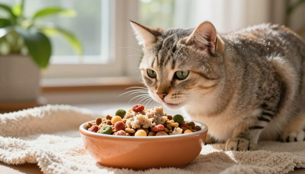 A cozy indoor scene featuring a serene cat with shiny fur, delicately enjoying a bowl of high-quality cat food. In the foreground, focus on the vibrant bowl filled with colorful kibble and soft, moist food, emphasizing the texture and freshness. The cat, looking content and healthy, should be positioned to the side, with its gentle gaze directed at the food, suggesting its appetite. In the middle, include a soft, warm blanket beneath the bowl, enhancing the homely atmosphere. The background can feature a sunlit window with lush green plants, casting gentle shadows, creating a peaceful and inviting mood. Use natural lighting to accentuate the cat's features and the food's appeal, capturing the essence of nourishment and care.
