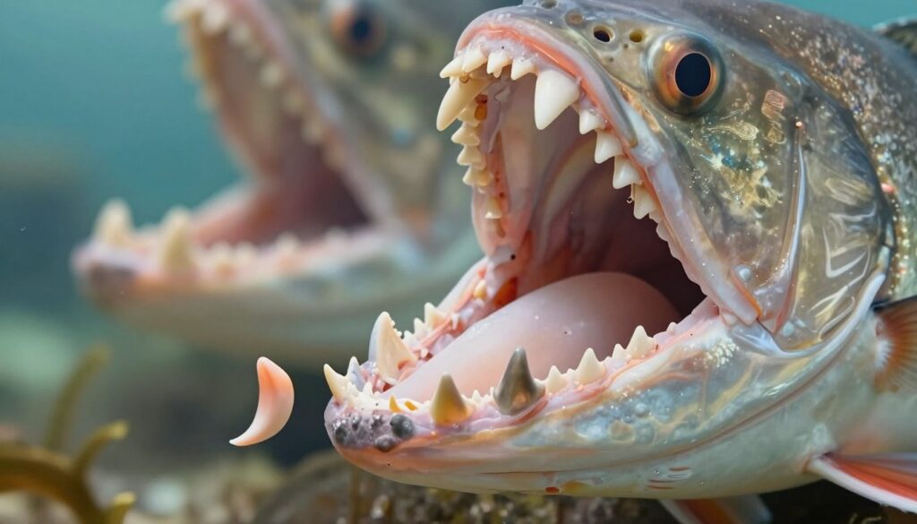 A detailed close-up illustration of various fish teeth, showcasing their unique structures and locations within their mouths. In the foreground, focus on the intricate teeth of different fish species, such as the sharp incisors of a piranha and the molar-like teeth of a parrotfish. The middle layer should include the fish's jaw and gaping mouth, revealing how teeth are positioned in both the upper and lower jaws, as well as other areas within the oral cavity. The background should be softly blurred, with water textures to suggest an underwater environment. Use soft, natural lighting to enhance the fine textures and colors of the teeth, creating a vivid and educational atmosphere perfect for illustrating the fascinating adaptations of fish. A detailed close-up illustration of various fish teeth, showcasing their unique structures and locations within their mouths. In the foreground, focus on the intricate teeth of different fish species, such as the sharp incisors of a piranha and the molar-like teeth of a parrotfish. The middle layer should include the fish's jaw and gaping mouth, revealing how teeth are positioned in both the upper and lower jaws, as well as other areas within the oral cavity. The background should be softly blurred, with water textures to suggest an underwater environment. Use soft, natural lighting to enhance the fine textures and colors of the teeth, creating a vivid and educational atmosphere perfect for illustrating the fascinating adaptations of fish.