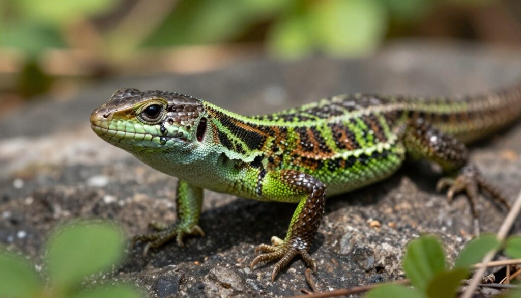 A detailed portrait of a Lacerta agilis, known as the sand lizard, prominently featuring its vibrant green and brown patterned scales. In the foreground, focus closely on the head of the lizard, showcasing its sharp eyes and slightly opened mouth to reveal the small, pointed teeth. In the middle ground, capture the muscular body and limbs of the lizard, poised on a rocky surface with scattered foliage to convey its natural habitat. The background should include blurred greenery and the hint of a sunlit forest, adding depth. Use a soft, natural lighting to highlight the textures of the lizard's skin, with a shallow depth of field to draw emphasis to its details. Create a mood of serenity and vibrant life within this reptilian environment.