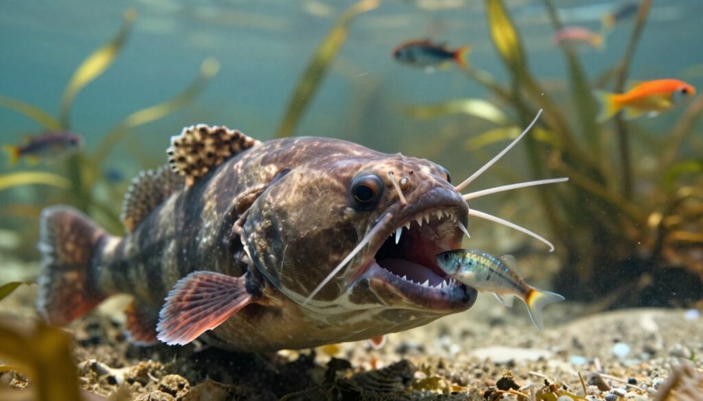 A detailed underwater scene showcasing a catfish in the foreground, its mouth wide open revealing sharp teeth, ready to catch a small fish. The catfish, with its distinctive whiskers and textured skin, is illuminated by soft, filtered sunlight streaming down from above, creating a tranquil yet dynamic atmosphere. In the middle ground, various aquatic plants sway gently, and colorful fish dart in and out, providing a vibrant contrast to the muted tones of the catfish. The background features a blurred view of a riverbed, giving depth to the composition. The lighting emphasizes the catfish's formidable features, capturing the essence of predation in action. Overall, the mood is a captivating blend of nature's beauty and the intensity of survival underwater.