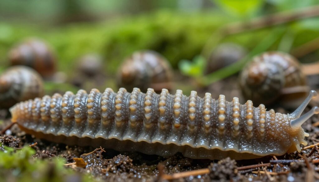 A highly detailed close-up of a radula, showcasing its intricate structure and texture. The foreground features the radula laid against a smooth, natural background of moist soil and greenery, emphasizing its organic environment. In the middle, subtle hints of surrounding snails can be blurred to keep the focus on the radula, while soft light highlights the unique rows of hardened teeth, glistening subtly as if wet. The background fades into lush vegetation, creating a serene and vibrant atmosphere, evoking the essence of a damp forest floor. The image captures a sense of microscopic wonder and resilience, illustrating the toughest teeth in nature with sharp detail and vivid colors. The lighting should be natural yet slightly dramatic to enhance the radula’s textures and edges, creating a captivating, educational visual.