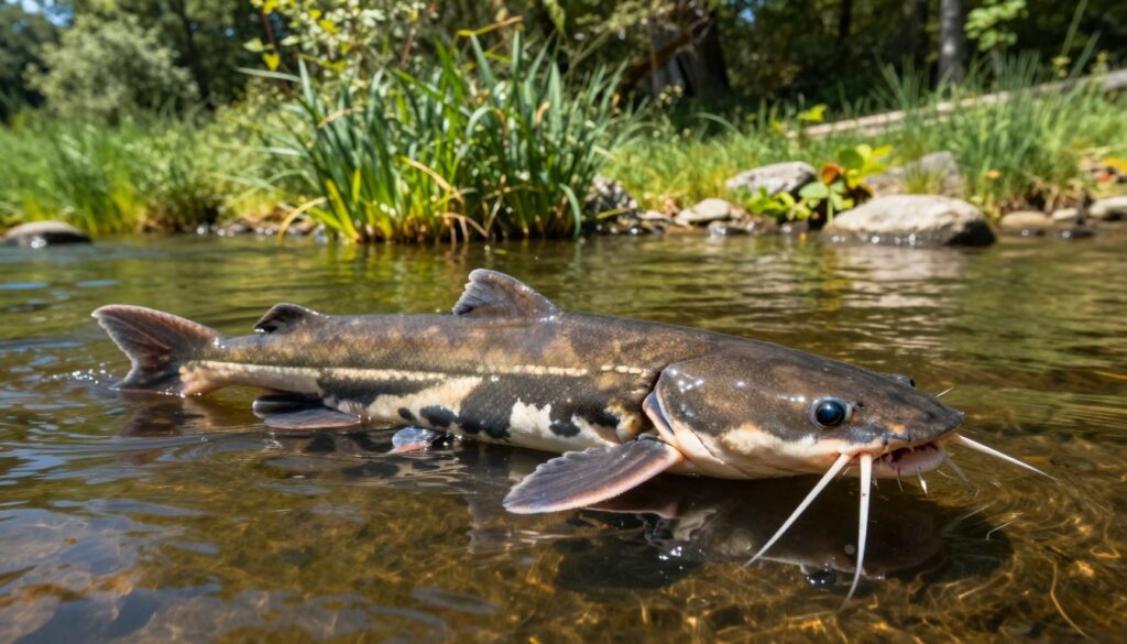 A large catfish, known as "sum," swimming gracefully through a clear, freshwater river in Poland. The foreground features the catfish with its distinctive whiskers, elongated body, and sharp teeth visible, highlighting the details of its textured skin. In the middle ground, a lush riverbank filled with native aquatic plants and rocks provides a natural habitat setting. The background showcases a serene landscape with soft sunlight filtering through the trees, creating dappled shadows on the water. The water should appear slightly rippled to reflect movement and ambiance. The mood is tranquil yet captivating, emphasizing the catfish as the focal point of its European waters. Use vibrant colors to enhance the natural beauty of this environment, regarded as typical for Poland.