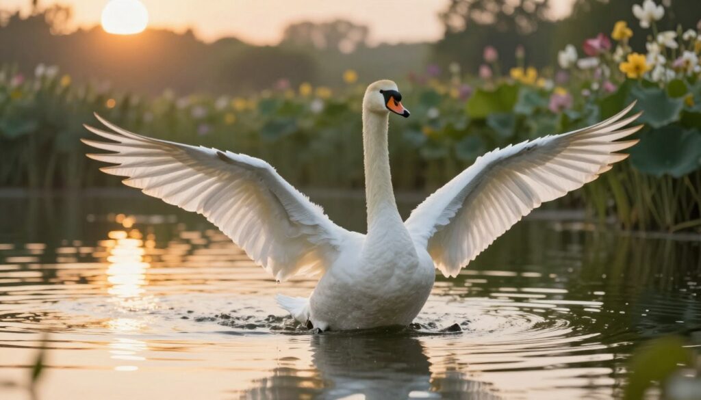 A majestic swan gracefully gliding across a tranquil lake, showcasing its impressive wingspan. In the foreground, the swan's large, white feathers are detailed and illuminated by soft, warm sunlight, highlighting the intricate pattern and textures of its wings as they are fully extended. In the middle ground, the serene lake reflects the swan's image, surrounded by lush greenery and blooming flowers. Gently rippling water adds a sense of movement and tranquility to the scene. In the background, a golden sunset casts a warm glow, creating an inviting and peaceful atmosphere. The composition emphasizes the grandeur and size of the swan while capturing the essence of its natural habitat. A majestic swan gracefully gliding across a tranquil lake, showcasing its impressive wingspan. In the foreground, the swan's large, white feathers are detailed and illuminated by soft, warm sunlight, highlighting the intricate pattern and textures of its wings as they are fully extended. In the middle ground, the serene lake reflects the swan's image, surrounded by lush greenery and blooming flowers. Gently rippling water adds a sense of movement and tranquility to the scene. In the background, a golden sunset casts a warm glow, creating an inviting and peaceful atmosphere. The composition emphasizes the grandeur and size of the swan while capturing the essence of its natural habitat.