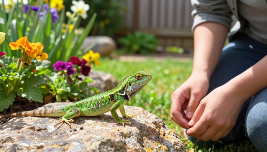 A serene garden setting with a bright, sunny atmosphere. In the foreground, a vibrant green lizard, detailed with intricate scales and bright eyes, is perched on a smooth rock. Nearby, a pair of hands belonging to a person in modest casual clothing gently observes the lizard, conveying a sense of curiosity and respect for nature. In the middle ground, colorful flowers bloom and lush greenery surrounds the area, creating a rich tapestry of colors and textures. In the background, a wooden garden fence is partially visible, hinting at a cozy home environment. The lighting is warm and inviting, casting soft shadows, with a focus on the interaction between the person and the lizard, evoking a mood of tranquility and connection with nature.