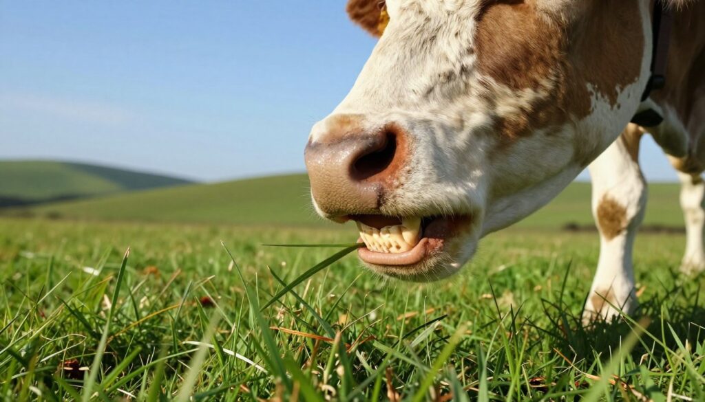 A serene, sunlit pasture scene featuring a close-up of a cow grazing on lush green grass, focusing on its mouth and teeth. The foreground highlights the cow’s unique dental structure, showcasing its upper dental pad and significant gum area, emphasizing the mechanics of how it eats. In the middle ground, the bright green grass is depicted in vibrant detail, with a few blades caught between the cow’s teeth, illustrating the process of chewing. The background features gentle rolling hills and a clear blue sky, adding to the tranquil atmosphere. The lighting is warm and natural, casting soft shadows. The angle is slightly tilted upwards to capture the cow’s facial features and the lush surroundings. A serene, sunlit pasture scene featuring a close-up of a cow grazing on lush green grass, focusing on its mouth and teeth. The foreground highlights the cow’s unique dental structure, showcasing its upper dental pad and significant gum area, emphasizing the mechanics of how it eats. In the middle ground, the bright green grass is depicted in vibrant detail, with a few blades caught between the cow’s teeth, illustrating the process of chewing. The background features gentle rolling hills and a clear blue sky, adding to the tranquil atmosphere. The lighting is warm and natural, casting soft shadows. The angle is slightly tilted upwards to capture the cow’s facial features and the lush surroundings.