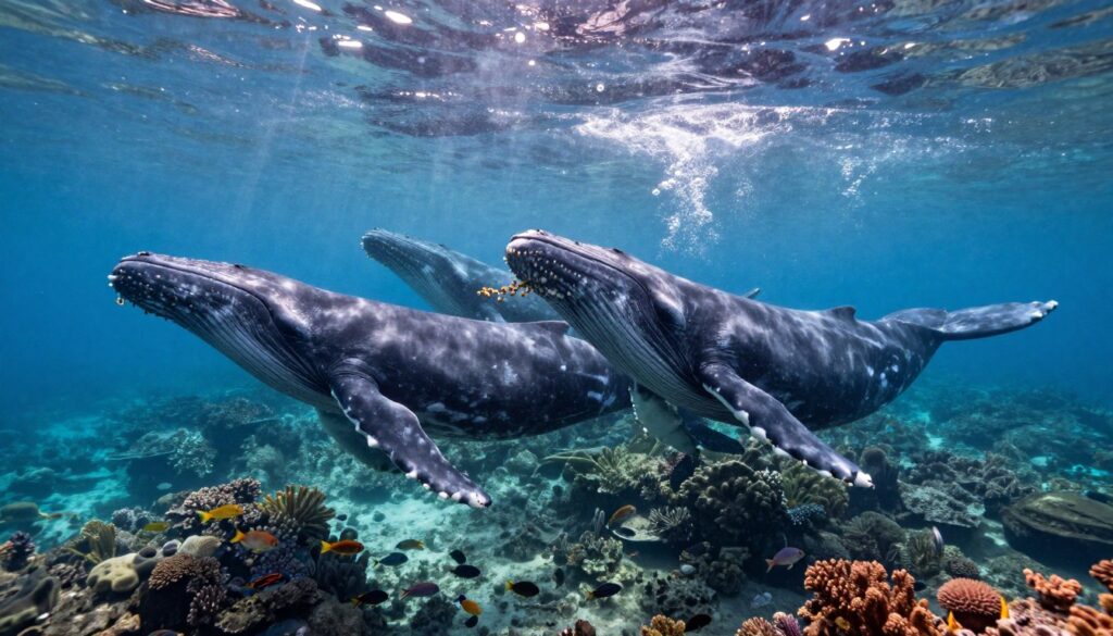 A striking underwater scene featuring a majestic group of baleen whales, known as "zebowce fiszbinowce," swimming gracefully through crystal-clear ocean waters. In the foreground, showcase the elongated, streamlined bodies of two whales, their mouths wide open, displaying baleen plates filtering tiny organisms from the water. Light beams penetrate the surface, cascading down and illuminating the vibrant coral reefs and schools of fish below them in the middle ground. The background should feature a serene underwater landscape, with soft blue hues and subtle bubbles rising. The atmosphere exudes a sense of tranquility and wonder, capturing the essence of these incredible marine mammals in their natural habitat. The image should be rich in detail and color, emphasizing the beauty and uniqueness of baleen whales.