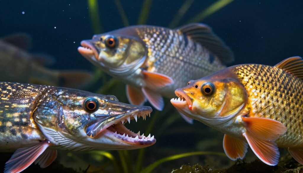 A stunning close-up view of various fish showcasing their impressive teeth, capturing the diversity from native Polish species to those resembling human dental characteristics. The foreground features a fierce-looking pike with sharp, elongated teeth, alongside a vibrant carp displaying its unique dental arrangement. In the middle, a rare species of fish with human-like dental structures can be seen, its intricate molars glinting under the light. The background contains a softly blurred underwater environment, with hints of aquatic plants and bubbles reflecting light. The scene is lit with ethereal, underwater lighting, creating a mysterious yet captivating mood, enhancing the textures and details of the fish's teeth. The angle is slightly tilted to provide a dynamic perspective, drawing viewers into the fascinating realm of fish dentition. A stunning close-up view of various fish showcasing their impressive teeth, capturing the diversity from native Polish species to those resembling human dental characteristics. The foreground features a fierce-looking pike with sharp, elongated teeth, alongside a vibrant carp displaying its unique dental arrangement. In the middle, a rare species of fish with human-like dental structures can be seen, its intricate molars glinting under the light. The background contains a softly blurred underwater environment, with hints of aquatic plants and bubbles reflecting light. The scene is lit with ethereal, underwater lighting, creating a mysterious yet captivating mood, enhancing the textures and details of the fish's teeth. The angle is slightly tilted to provide a dynamic perspective, drawing viewers into the fascinating realm of fish dentition.