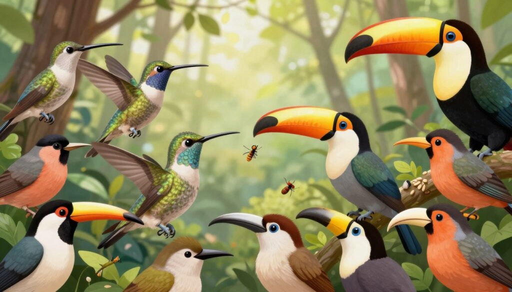 A vibrant, detailed illustration showcasing a variety of bird beaks in a natural setting. In the foreground, depict different types of beaks—long and thin, short and stout, curved and hooked—highlighting their diverse shapes. The middle ground features various birds displaying these unique beaks, such as a hummingbird, toucan, and finch, engaged in eating behaviors like sipping nectar, cracking seeds, and foraging insects. In the background, a lush forest scene with soft, dappled sunlight filtering through trees, creating a serene and lively atmosphere. Use a focus on rich colors while ensuring sharp details on the feathers and beaks, captured from a slightly elevated angle to offer depth and perspective. The mood should be educational and inspiring, reflecting the evolutionary significance of these adaptations.