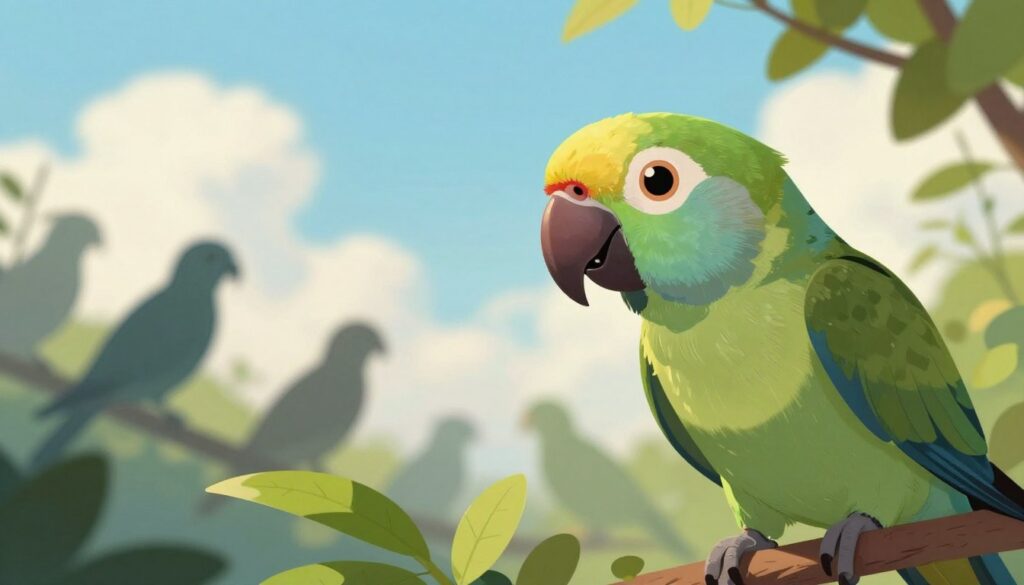 A vibrant, detailed illustration showing the concept of birds without teeth, focusing on a curious bird, such as a parrot or a sparrow, in the foreground, displaying its beak prominently. The bird is perched on a branch with lush green leaves, emphasizing its natural habitat. In the middle ground, softly blurred silhouettes of various bird species can be seen, highlighting diversity without showing teeth. The background features a serene blue sky with fluffy white clouds, creating a peaceful atmosphere. The lighting is warm and natural, suggesting sunlight filtering through the leaves. The image should evoke intrigue and curiosity about the question of whether birds have teeth, creating an engaging visual for readers.