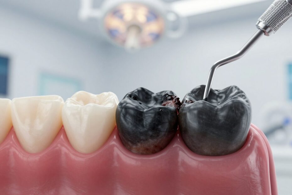 Czarny ząb przy dziąśle
