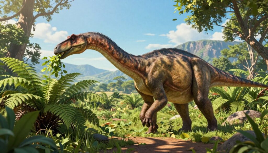 A Nigerosaurus grazing in a lush, prehistoric environment, showcasing its unique diet and feeding behavior. In the foreground, the dinosaur is depicted with a long neck, using its specialized teeth to strip leaves from tall vegetation. The middle ground features dense foliage and ferns typical of the Late Cretaceous period. The background displays a vibrant, sunlit landscape with distant mountains and a clear blue sky, hinting at a warm, inviting atmosphere. Soft, dappled sunlight filters through the trees, creating dynamic shadows on the ground. The scene conveys a peaceful moment in nature, emphasizing the herbivorous nature of the Nigerosaurus within its ecological habitat.