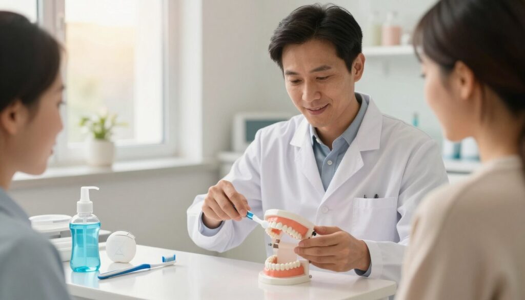 A bright and clean dental clinic setting, featuring a professional-looking dentist in a white lab coat and modest casual clothing, gently explaining oral hygiene techniques to an attentive patient. In the foreground, a detailed dental care kit is displayed, including a toothbrush, dental floss, and mouthwash, all arranged neatly on a countertop. The middle ground shows the dentist demonstrating brushing techniques with a large model of teeth to highlight proper methods. In the background, soft, natural light filters through a window, casting a warm glow on the clinic's calming colors, creating an inviting and informative atmosphere. The overall mood is focused on health and wellness, emphasizing the importance of thorough oral hygiene practice.
