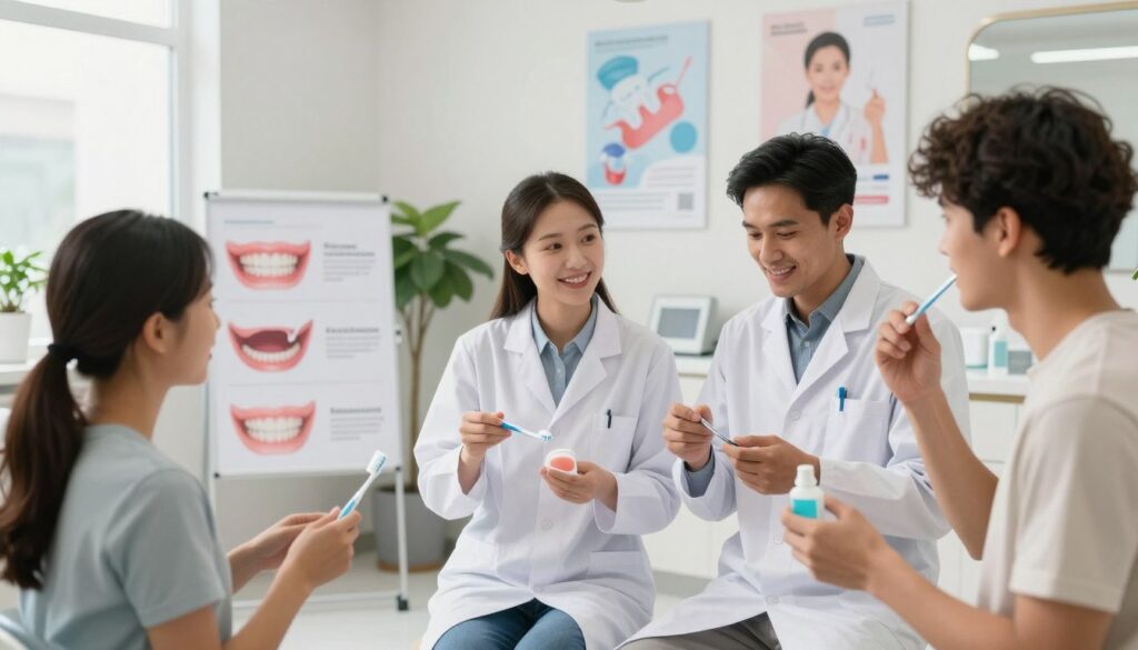 A bright and inviting dental clinic scene showcasing essential oral hygiene practices. In the foreground, a diverse group of individuals, including a dentist in professional attire and patients, are engaging with dental care tools such as toothbrushes, floss, and mouthwash. The middle ground features a display of infographics illustrating gum health and cavity prevention. The background includes a clean, modern dental office with soothing colors, plants, and dental posters promoting hygiene and prevention. Soft, natural lighting floods the space, creating a calm and welcoming atmosphere, emphasizing the importance of maintaining oral health. The image exudes positivity and a proactive approach to dental care.