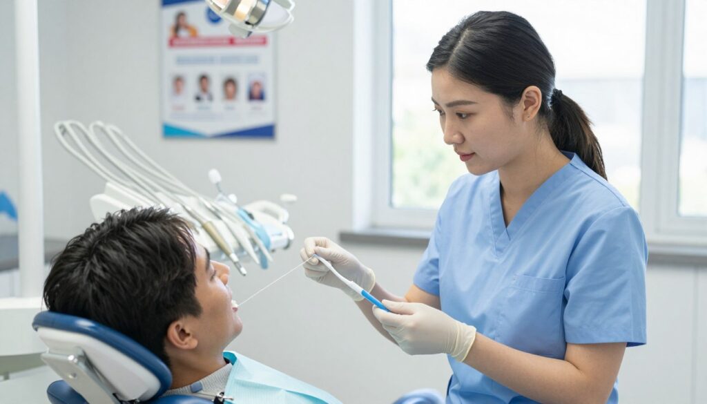 A bright, clean dental clinic interior, centered on a dental hygienist demonstrating proper oral hygiene techniques after tooth extraction. Foreground features the hygienist in professional attire, gently holding a toothbrush and dental floss, with an emphasis on her considerate expression. In the middle, a patient in a dental chair sits attentively, looking at the hygienist, illustrating an engagement in learning. The background depicts dental tools neatly arranged on a tray, alongside educational posters about post-extraction care. Soft, natural lighting streams through a window, creating a welcoming atmosphere. The focus is sharp on the hygienist, with a slight blur on the background to draw attention to the importance of oral hygiene in healing, promoting a mood of care and professionalism.