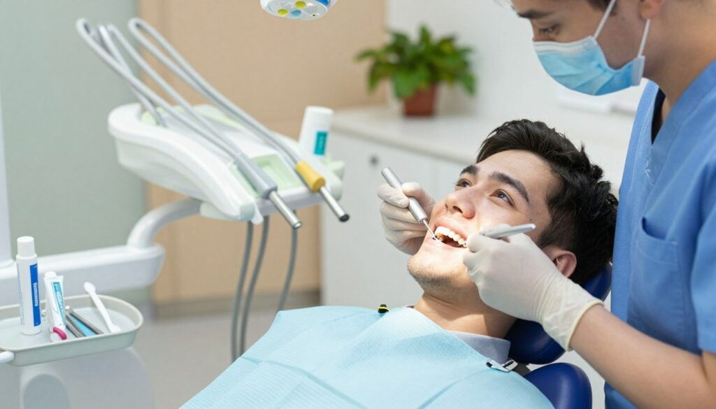 A bright, clean dental clinic setting featuring a close-up view of a patient in a dental chair receiving post-hygiene tooth care. The patient, a young adult dressed in smart casual attire, is smiling while a dental hygienist, wearing professional scrubs and gloves, applies a fluoride treatment. In the foreground, dental tools like brushes and toothpaste are neatly arranged on a tray. The midground showcases a modern dental unit with soft LED lighting, emphasizing cleanliness and professionalism. In the background, calming colors and a plant add a soothing atmosphere. The image captures a sense of care and hygiene, with bright, natural lighting enhancing the feeling of freshness and well-being.