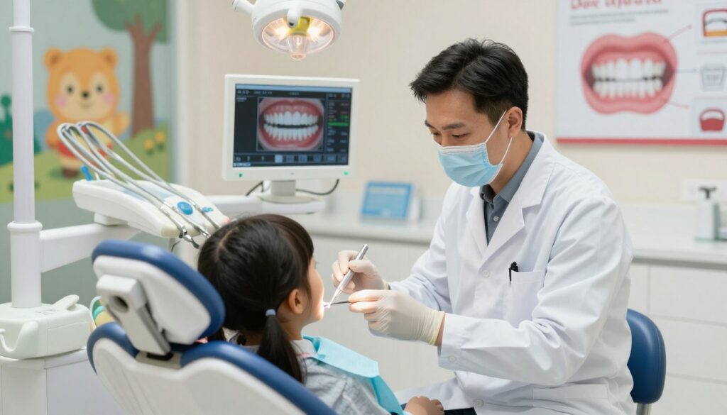 A bright, modern dental clinic setting in the foreground, featuring a pediatric dentist in professional attire sitting beside a young child in a dental chair, demonstrating care and concern. The dentist is holding a dental instrument, illustrating the process of gum treatment. The middle ground shows various dental tools and a digital monitor displaying dental health information. Soft, warm lighting creates a welcoming atmosphere, highlighting the importance of children's dental health. In the background, there are colorful murals and educational posters about gum care designed to engage young patients. The overall mood is friendly and supportive, emphasizing the critical role of professional dental care in treating gum disease.