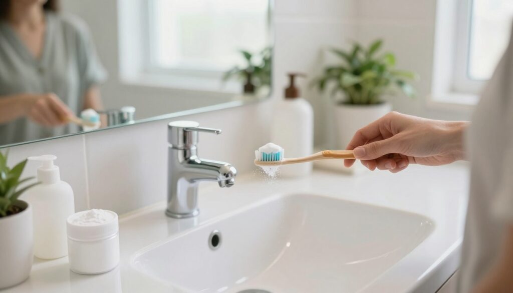 A bright, well-lit bathroom scene focusing on a person brushing their teeth with baking soda. In the foreground, a hand holds a toothbrush with some baking soda sprinkled on the bristles, while a small container of baking soda is placed next to a reflective sink. The middle section captures a clean, modern sink with a mirror reflecting the person, who is dressed in casual, modest attire. Soft, natural light enters through a window, creating a fresh, inviting atmosphere. In the background, neatly arranged toiletries and a green plant add a touch of warmth and vitality. The overall mood is calm and serene, emphasizing the simplicity and accessibility of teeth whitening at home.