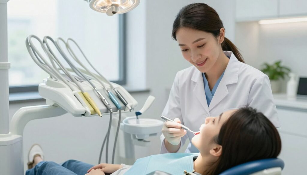 A calming dental hygienist's office focused on minimizing discomfort during teeth cleaning. In the foreground, a professional dental hygienist in a white coat, gently demonstrating a technique to a relaxed, seated patient in a dental chair. The hygienist is smiling reassuringly, showcasing a soft, cozy ambiance. In the middle, dental tools are neatly arranged, emphasizing a sense of order and cleanliness, with soft, diffused lighting enhancing the warm atmosphere. The background shows a soothing color palette of light blues and whites, featuring a large window allowing natural light to flood the room. A hint of greenery from indoor plants adds a refreshing touch. The overall mood conveys comfort, professionalism, and care, making the patient feel at ease during the procedure.