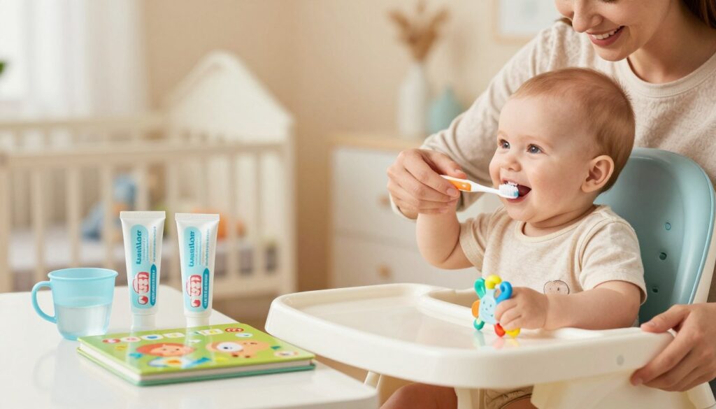 A clean and inviting scene depicting oral hygiene practices for infants, focused on a soothing pastel-colored setting. In the foreground, a gentle parent, dressed in modest casual clothing, is carefully brushing a baby's gums with a soft, infant-friendly toothbrush. The baby, smiling, is sitting in a comfortable high chair, with a colorful, non-toxic teether on the side. In the middle, a shimmering array of dental care products such as baby-safe toothpaste, a small cup of water, and a bright, engaging children's book about dental hygiene are neatly arranged on a clean countertop. The background features a softly lit nursery with playful decor, evoking a calm and nurturing atmosphere. The lighting is warm and natural, enhancing the cheerful mood of the scene, emphasizing the importance of daily oral care habits for preventing thrush in infants. A clean and inviting scene depicting oral hygiene practices for infants, focused on a soothing pastel-colored setting. In the foreground, a gentle parent, dressed in modest casual clothing, is carefully brushing a baby's gums with a soft, infant-friendly toothbrush. The baby, smiling, is sitting in a comfortable high chair, with a colorful, non-toxic teether on the side. In the middle, a shimmering array of dental care products such as baby-safe toothpaste, a small cup of water, and a bright, engaging children's book about dental hygiene are neatly arranged on a clean countertop. The background features a softly lit nursery with playful decor, evoking a calm and nurturing atmosphere. The lighting is warm and natural, enhancing the cheerful mood of the scene, emphasizing the importance of daily oral care habits for preventing thrush in infants.