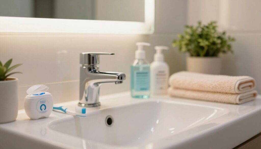 A clean and organized bathroom setting focusing on daily oral hygiene practices during gum inflammation. In the foreground, feature a white porcelain sink with various dental care items neatly arranged: a soft-bristled toothbrush with a gentle toothpaste, a floss container, and a natural mouthwash bottle. The middle ground should show a mirror reflecting the bright overhead light, illuminating the space and adding a warm, inviting glow. In the background, display soft pastel-colored towels and a potted plant for a fresh touch. The overall atmosphere should feel calm and soothing, encouraging healthy daily habits for gum care. A shallow depth of field enhances the focus on the dental items, inviting viewers to engage with the subject of home oral hygiene.