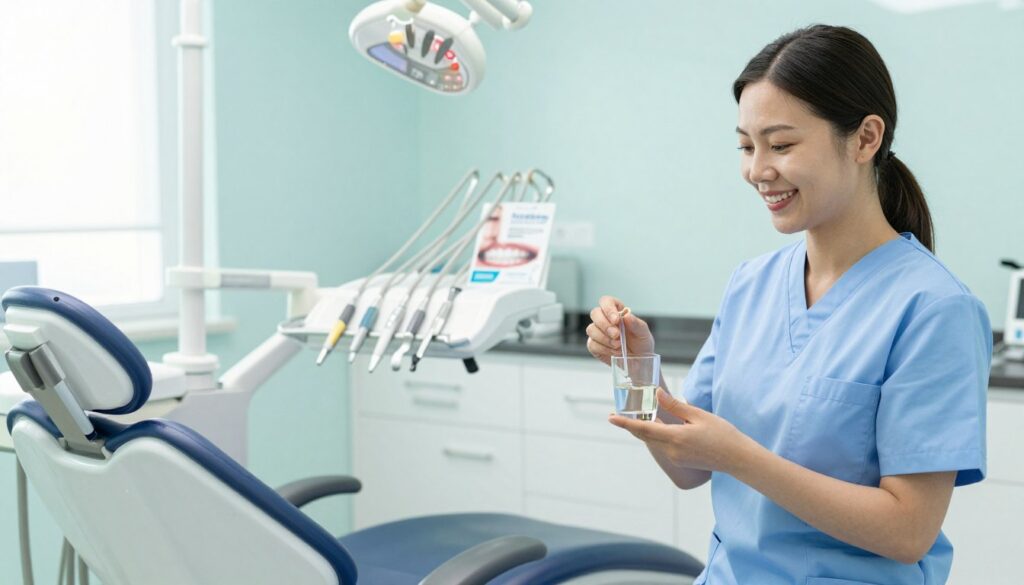 A clean, professional dental clinic interior with a focus on a bright, well-lit treatment room. In the foreground, a smiling, casually dressed professional holding a small glass of clear oil, demonstrating oil pulling. The middle section should feature a modern dental chair, dental tools neatly arranged on a counter, and a brochure about teeth whitening methods displayed prominently. The background should include soft, calming colors, maybe light blue or green, to create a serene atmosphere. Natural lighting from a window should flood the room, enhancing the cleanliness and healthcare professionalism. Emphasize a sense of trust and cleanliness to reflect safe dental practices.