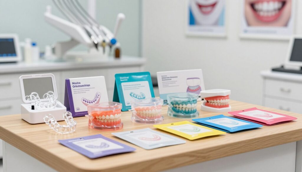 A clear, detailed composition of various types of orthodontic aligners displayed elegantly on a wooden table. In the foreground, a selection of transparent aligners is showcased next to colorful treatment packages featuring descriptive labels, alluding to different orthodontic styles. The middle ground features a well-lit dental clinic environment, hinting at professional tools and equipment in soft focus. In the background, subtle hints of dental posters emphasizing oral health decoratively hang on the walls. The lighting is bright and inviting, creating a clean and sterile atmosphere. The scene is shot from a slightly elevated angle, emphasizing the products while maintaining a balanced composition, evoking a sense of professionalism and care in orthodontic treatment.