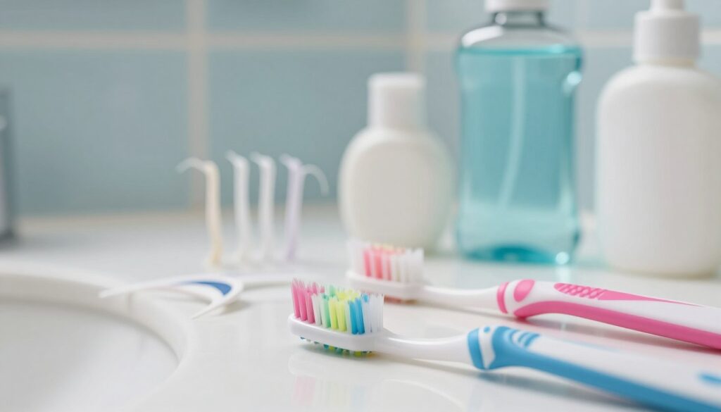 A close-up composition showcasing a variety of oral hygiene tools for sensitive gums, including soft-bristled toothbrushes, dental floss, and gentle mouthwash bottles. In the foreground, display a brightly colored toothbrush with translucent bristles and an ergonomic handle, glistening under soft, natural light. The middle ground features an elegantly arranged set of dental floss and a softly designed mouthwash container, all organized neatly on a pristine countertop. In the background, a tranquil bathroom setting with a soft-focus effect, highlighting calming colors like pale blues and whites. The atmosphere should feel refreshing and soothing, evoking a sense of care and cleanliness, ideal for promoting oral health practices. A close-up composition showcasing a variety of oral hygiene tools for sensitive gums, including soft-bristled toothbrushes, dental floss, and gentle mouthwash bottles. In the foreground, display a brightly colored toothbrush with translucent bristles and an ergonomic handle, glistening under soft, natural light. The middle ground features an elegantly arranged set of dental floss and a softly designed mouthwash container, all organized neatly on a pristine countertop. In the background, a tranquil bathroom setting with a soft-focus effect, highlighting calming colors like pale blues and whites. The atmosphere should feel refreshing and soothing, evoking a sense of care and cleanliness, ideal for promoting oral health practices.