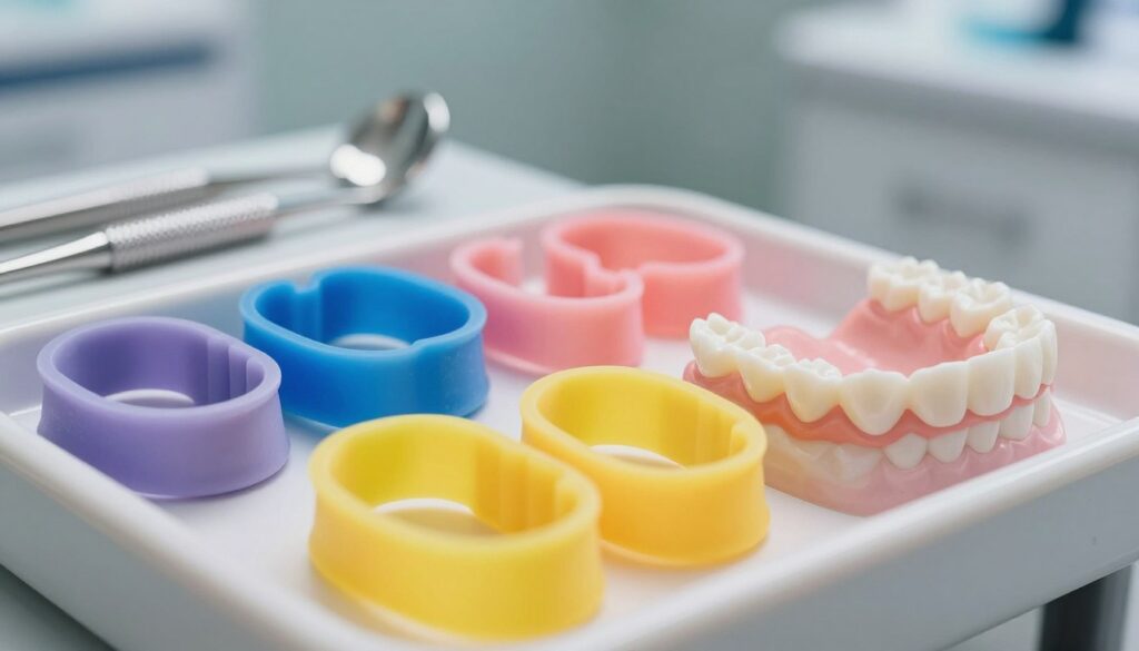 A close-up display of colorful orthodontic rubber bands used for braces, artistically arranged on a dental tray. The foreground features a variety of vibrant colors like bright blue, pastel pink, and sunny yellow, showcasing how each color can contrast against a set of white dental models. In the middle, a gentle light casts soft shadows, emphasizing the sheen of the rubber bands and creating a warm, inviting atmosphere. The background is a blurred dental office scene, with polished tools and clean, professional decor, enhancing the focus on the rubber bands. The overall mood is informative yet engaging, aiming to inspire thoughtful decision-making about color selection for an optimal smile.