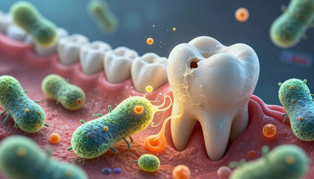 A close-up, highly detailed illustration of harmful bacteria interacting with acidic substances in a dental environment. In the foreground, vividly depicted bacteria with varied shapes and sizes, showcasing textures and colors ranging from greens to blues, as they are surrounded by swirling acidic particles illustrated in bright, possibly orange and yellow hues. The middle ground features a partially decayed tooth, with visible enamel erosion and cavities, emphasizing the impact of the bacteria and acids. The background consists of a blurred dental setting, with abstract representations of saliva and swirling pH indicators to symbolize the changing oral environment. The lighting is soft but focused, highlighting the bacteria and tooth while creating a slightly ominous atmosphere. The overall mood is educational, depicting a crucial aspect of dental health without text or symbols. A close-up, highly detailed illustration of harmful bacteria interacting with acidic substances in a dental environment. In the foreground, vividly depicted bacteria with varied shapes and sizes, showcasing textures and colors ranging from greens to blues, as they are surrounded by swirling acidic particles illustrated in bright, possibly orange and yellow hues. The middle ground features a partially decayed tooth, with visible enamel erosion and cavities, emphasizing the impact of the bacteria and acids. The background consists of a blurred dental setting, with abstract representations of saliva and swirling pH indicators to symbolize the changing oral environment. The lighting is soft but focused, highlighting the bacteria and tooth while creating a slightly ominous atmosphere. The overall mood is educational, depicting a crucial aspect of dental health without text or symbols.