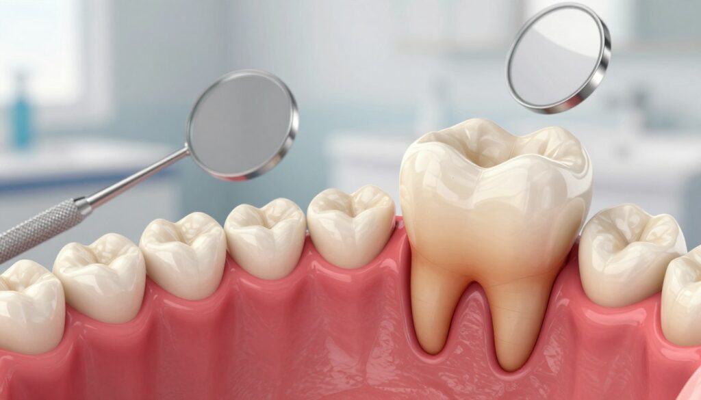 A close-up illustration of an inflamed gum area in an open mouth, prominently showing a decayed milk tooth root embedded in the gum tissue. The foreground features intricate details of the gums, highlighting the redness and swelling, while the milk tooth root is partially visible, creating an emphasis on dental health issues. In the middle ground, include dental tools like a small mirror and explorer to convey a home dental care context. The background should be softly blurred, suggesting a typical bathroom setting with soft, natural lighting. The mood is serious yet informative, aiming to educate viewers about dental care practices at home. The angle is slightly tilted for a dynamic view, creating interest in the dental subject matter.