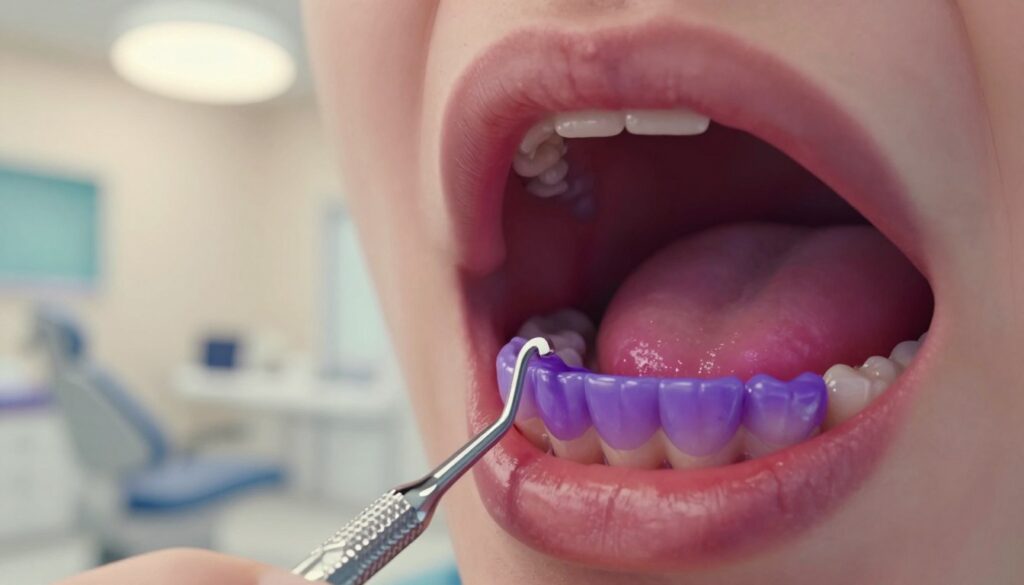 A close-up illustration of healthy human gums contrasted with inflamed purple gums, prominently displaying signs of periodontal disease. The foreground features a detailed depiction of the gums, showcasing the rich, deep purple hues indicative of inflammation. In the middle ground, include a dental examination tool, such as a periodontal probe, to emphasize the clinical aspect. The background should be a softly blurred dental clinic setting with warm lighting, creating a calm and professional atmosphere. Use a macro lens effect to enhance the detailed textures of the gum tissue, while ensuring the overall image conveys a sense of urgency and awareness about gum health. The mood should be informative and slightly alarming, prompting viewers to consider the importance of dental care.