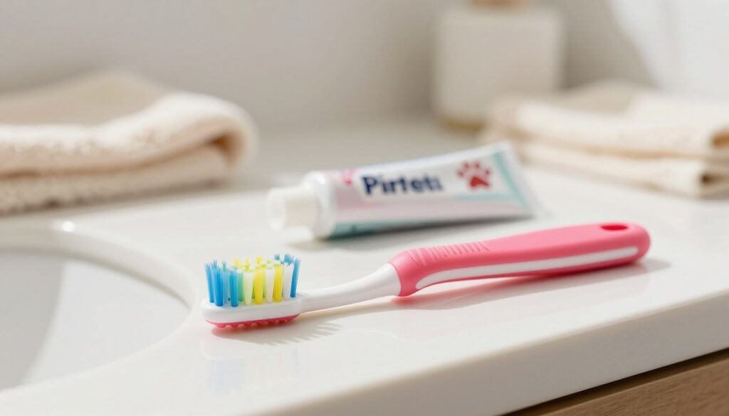 A close-up image of a bright, colorful dog toothbrush designed for small to medium-sized dogs. The toothbrush should have soft bristles and a comfortable grip, set against a clean, well-lit bathroom countertop. The foreground features the toothbrush prominently, showcasing its vibrant colors and ergonomic design. In the middle, there’s a small tube of pet-friendly toothpaste with a playful paw print design. The background includes soft-focus elements like a cozy pet towel and a gentle, natural lighting effect that creates a warm and calming atmosphere. The scene conveys a sense of care and preparation for maintaining a dog's dental hygiene, emphasizing a peaceful and inviting space for pet grooming. A close-up image of a bright, colorful dog toothbrush designed for small to medium-sized dogs. The toothbrush should have soft bristles and a comfortable grip, set against a clean, well-lit bathroom countertop. The foreground features the toothbrush prominently, showcasing its vibrant colors and ergonomic design. In the middle, there’s a small tube of pet-friendly toothpaste with a playful paw print design. The background includes soft-focus elements like a cozy pet towel and a gentle, natural lighting effect that creates a warm and calming atmosphere. The scene conveys a sense of care and preparation for maintaining a dog's dental hygiene, emphasizing a peaceful and inviting space for pet grooming.