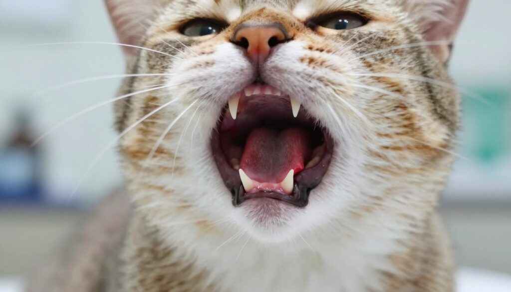 A close-up image of a cat's mouth showcasing its gums, particularly focusing on the inflammation characteristic of plasmacytic gingivitis. The cat's facial features should be expressive, highlighting its discomfort while maintaining a calm demeanor. The foreground reveals the intricate details of the gums—redness and swelling indicative of the disease. In the middle layer, softly blurred, the cat's whiskers and nose add to the composition, while the background features a gentle, out-of-focus veterinary clinic setting, with muted colors that suggest a clinical atmosphere. Use soft, natural lighting to enhance the textures of the cat’s fur and the gums, creating a soothing yet informative mood, captured from a slightly elevated angle to emphasize the oral condition. A close-up image of a cat's mouth showcasing its gums, particularly focusing on the inflammation characteristic of plasmacytic gingivitis. The cat's facial features should be expressive, highlighting its discomfort while maintaining a calm demeanor. The foreground reveals the intricate details of the gums—redness and swelling indicative of the disease. In the middle layer, softly blurred, the cat's whiskers and nose add to the composition, while the background features a gentle, out-of-focus veterinary clinic setting, with muted colors that suggest a clinical atmosphere. Use soft, natural lighting to enhance the textures of the cat’s fur and the gums, creating a soothing yet informative mood, captured from a slightly elevated angle to emphasize the oral condition.