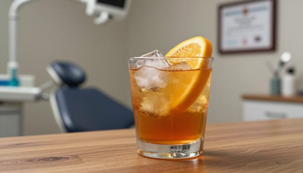 A close-up image of a glass half-filled with a vibrant, refreshing alcoholic beverage, like a cocktail, served on a wooden table. The glass should be adorned with ice cubes and a slice of citrus fruit, creating an inviting appearance. In the background, soft focus on a dentist's office, featuring dental tools and a framed certificate on the wall, to subtly reference dental procedures. The lighting is warm and inviting, hinting at a relaxed atmosphere, with a slightly blurred background to emphasize the foreground drink. The scene should convey a sense of contemplation and caution, reflecting on the decision of consuming alcohol after dental anesthesia. The overall mood should be thoughtful and serene. A close-up image of a glass half-filled with a vibrant, refreshing alcoholic beverage, like a cocktail, served on a wooden table. The glass should be adorned with ice cubes and a slice of citrus fruit, creating an inviting appearance. In the background, soft focus on a dentist's office, featuring dental tools and a framed certificate on the wall, to subtly reference dental procedures. The lighting is warm and inviting, hinting at a relaxed atmosphere, with a slightly blurred background to emphasize the foreground drink. The scene should convey a sense of contemplation and caution, reflecting on the decision of consuming alcohol after dental anesthesia. The overall mood should be thoughtful and serene.