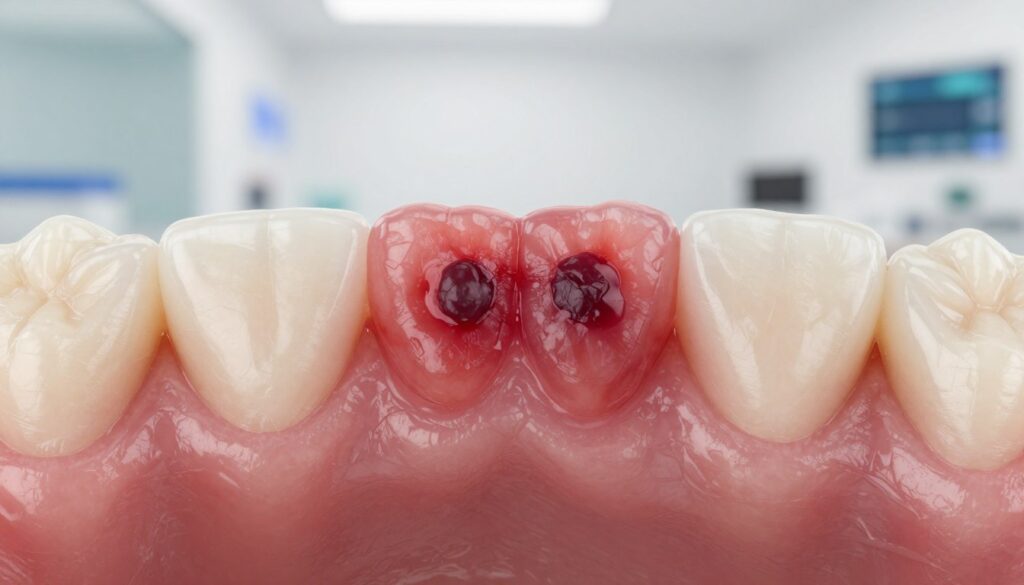 A close-up image of a human gum line featuring a distinct, dark red hematoma on the gum, highlighting the difference in texture from healthy gum tissue. The foreground should focus on the swollen area where the hematoma resides, showcasing the gradual transition of color from healthy pink to the deep red of the bruise. The middle ground should include a subtle shadow illustrating the contour of the gum and surrounding teeth. The background can fade softly with a muted dental clinic ambiance, emphasizing cleanliness and professionalism with bright, even lighting to draw attention to the main subject. The overall mood should feel clinical and informative, suitable for educational purposes.